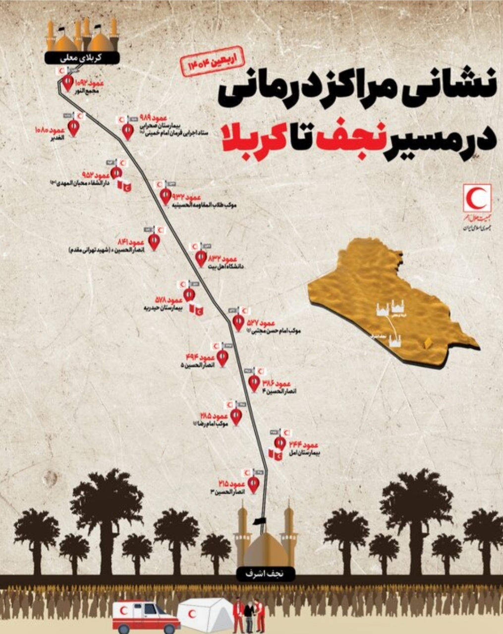 نشانی مراکز درمانی هلالاحمر در مسیر نجف به کربلا اعلام شد