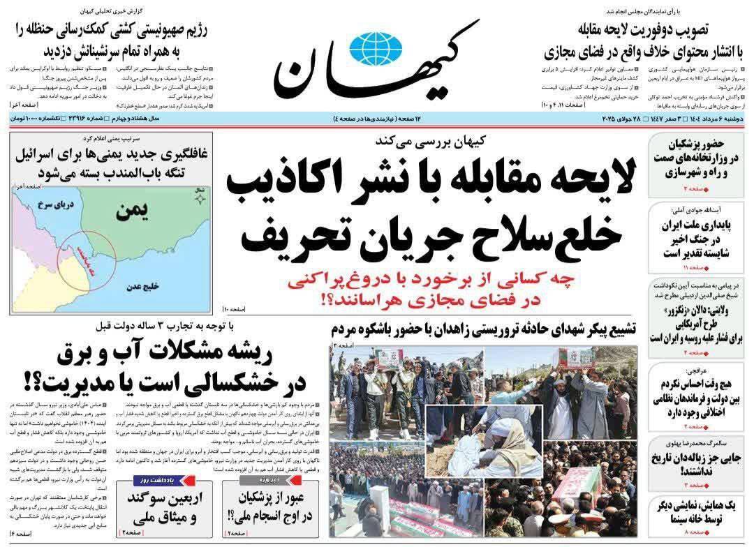 صفحه نخست روزنامهها – دوشنبه ۶ مرداد