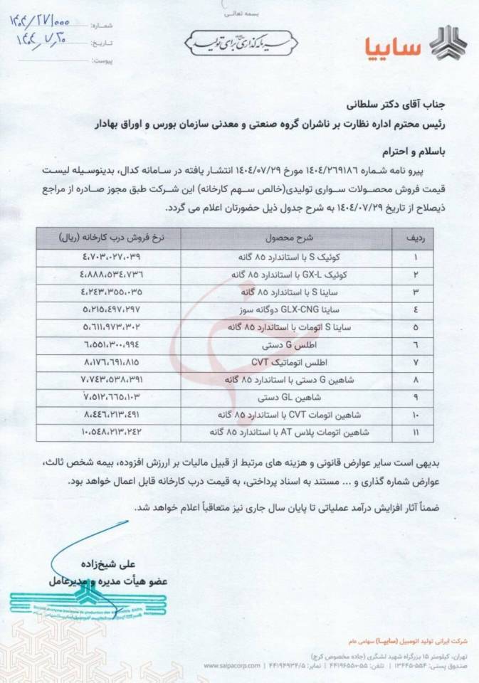 قیمت جدید محصولات سایپا اعلام شد+ عکس