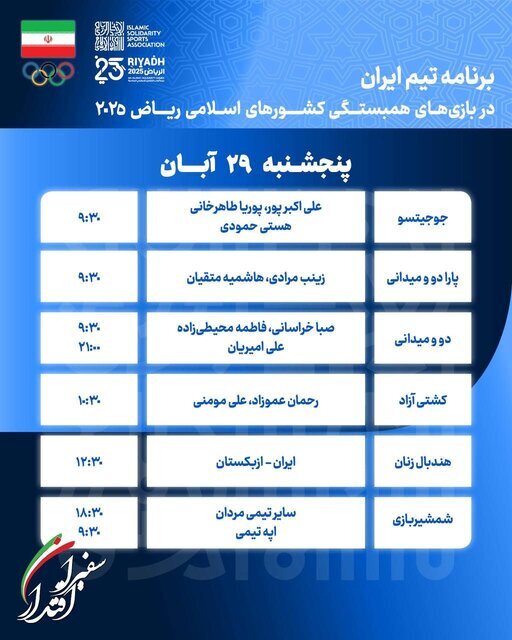 برنامه کاروان ایران در سیزدهمین روز بازیهای کشورهای اسلامی ریاض