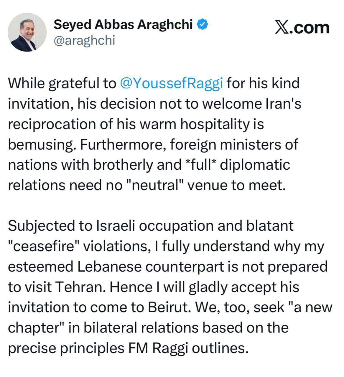 پاسخ عراقچی به همتای لبنانی؛ ما نیز خواهان «فصلی جدید» در روابط دوجانبه هستیم