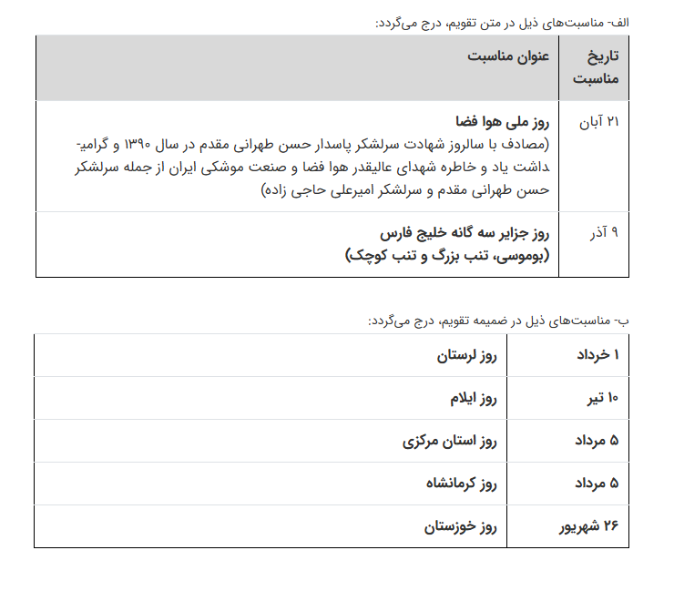 ماده واحده تعیین مناسبت­‌های جدید برای درج در تقویم رسمی کشور ابلاغ شد