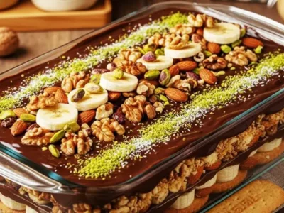 طرز تهیه کیک یخچالی موز و گردو در چند دقیقه